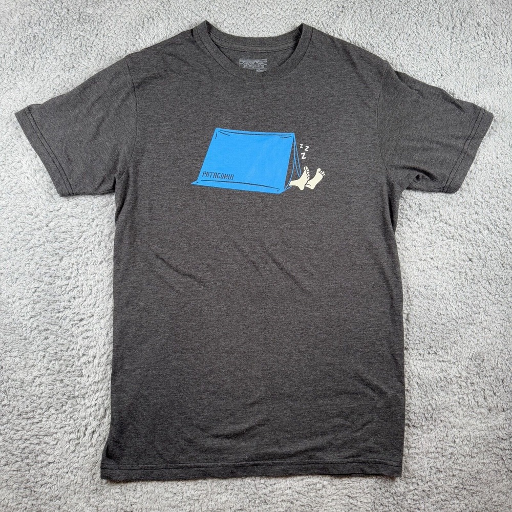 Patagonia‎ Men's Small Gray Sleeping In Tent Camping Graphic T-Shirt Outdoors